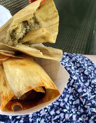 Pork and red chile sauce and chicken and chile tamales. (No picture of the Hatch green chile and cheese because I ate it too quickly!)