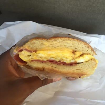 Egg, cheese and turkey bacon on a croissant