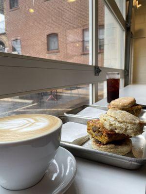 Pump Pump Latte, Eggs Biscuit Sandwich, Cold Brew