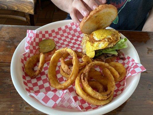 Bulgogi Sandwich, with fried egg and onion rings