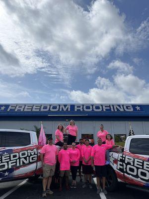 Freedom Roofing Team supporting Breast Cancer Awareness month at our Cape Coral, FL location.