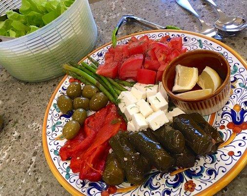 Dodonis feta cheese, stuffed grape leaves, jumbo pitted olives from The Greek Store