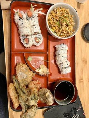 Bento box Spicy tuna, Philadelphia roll, tempura vegetables and the most amazing spicy fried rice by request