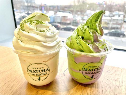 Peach oolong & matcha/ube swirl, $9 each