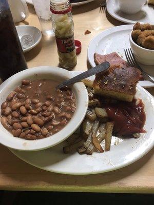 Beans, cornbread, okra, ham and fried potatoes