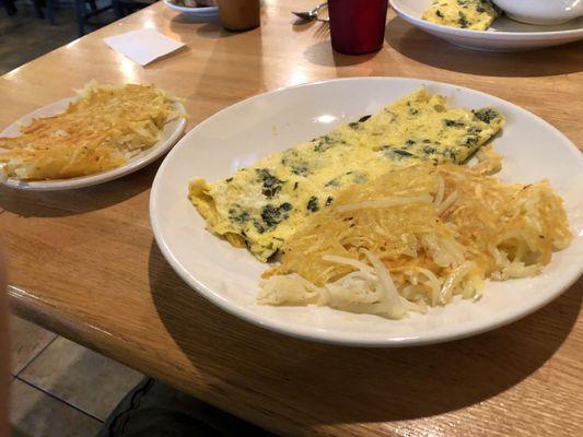 Spinach and feta omelette with hash browns