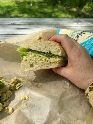 Vegan chicken salad sandwich on a delicious hearty baguette. It's so nice to have many vegan options on a menu!