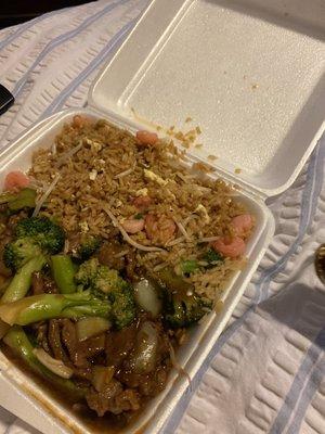 Beef and broccoli with shrimp fried rice