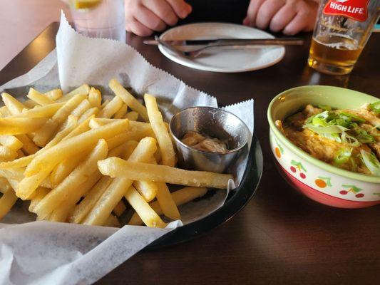 Crab dip loaded fries.   Requested dip on the side.   Very tasty.