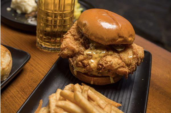 Fried Chicken Sandwich, beer and fries