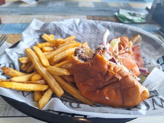 Bacon Cheeseburger with fries.