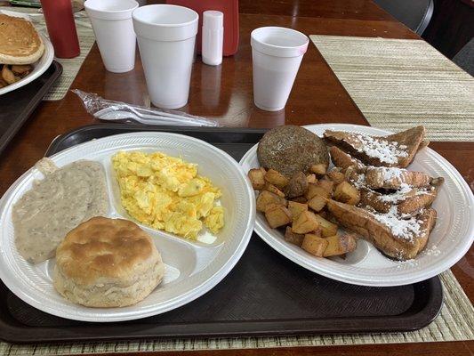 The  Roundup Special and it came with sausage, 3 eggs, biscuit and gravy, home fries, and French toast. Everything was great!