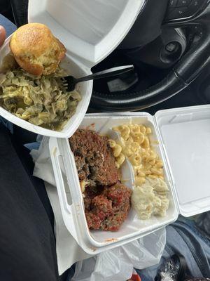 Monday Special: cabbage, meatloaf, mac & cheese, potatoes, and cornbread