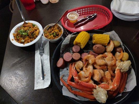 Jambalaya and the combination crab legs and shrimp seafood broil