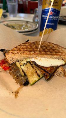 Veggie sandwich with Eggplant, cheese and delicious peppers.