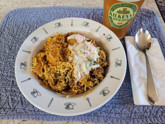 Chicken tikka masala (left) and lamb biryani.