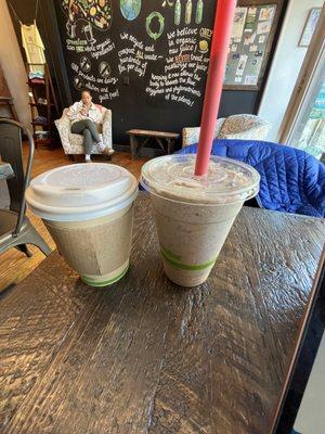 Delicious smoothie and almond latte.