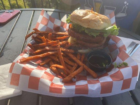 Western Burger with sweet potato fries