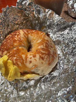 Asiago bagel sandwich- Taylor ham