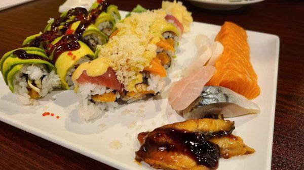 Dragon roll, tiger roll (left to right) Eel, mackerel, red snapper, white tuna, salmon, bottom to top