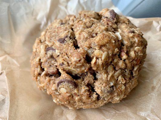 Huge oatmeal pecan chocolate cookie.