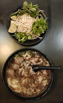 Meatball + Short Rib Pho with a dish of garnishments