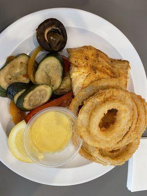 Grilled grouper (5oz portion), onion rings, sautéed veg