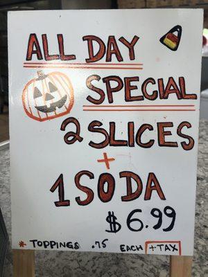 All day 2 cheese slices + soda special, for only $6.99