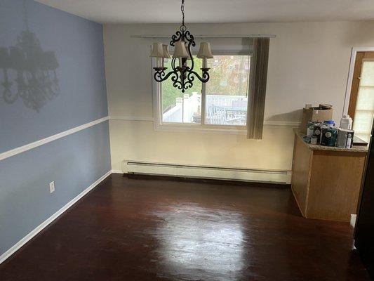 Stripped Wood flooring 
Stained and finished with waterbase polyurethane 
Polished ceilings 
Painted walls and trims