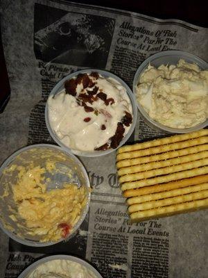 Pimento cheese, BLT dip (middle), tuna salad