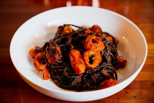 Squid Ink Tonnarelli -
 Crispy Calamari & Shrimp Fra Diavolo, Calabrian Chili