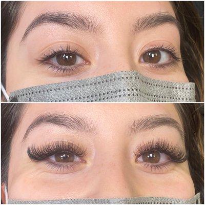 Volume eyelash extensions (cat eye style).