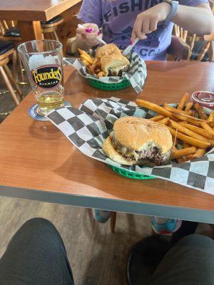 Mushroom Swiss burger and my daughters meatball sub yumm