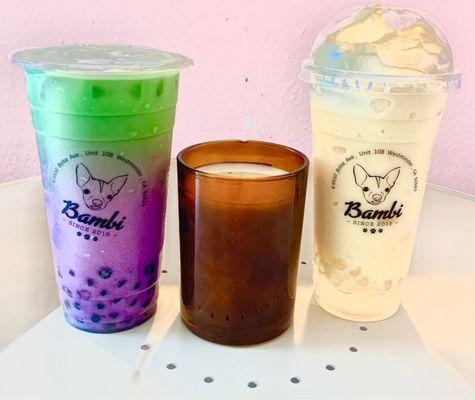 Ube Buko Pandan Milk Tea with boba and Mango Coconut Smoothie. Customized easy ice with Oat milk.