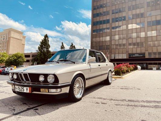 Vintage BMW after a complete detail on front of the University Tower. We are located in the North Garage on the Blue Level.