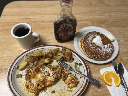 So good didn't leave any leftovers. Got the chorizo omelette with potato's and pancakes