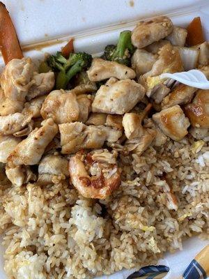 Hibachi Chicken with fried rice and two piece of shrimp. To-go!