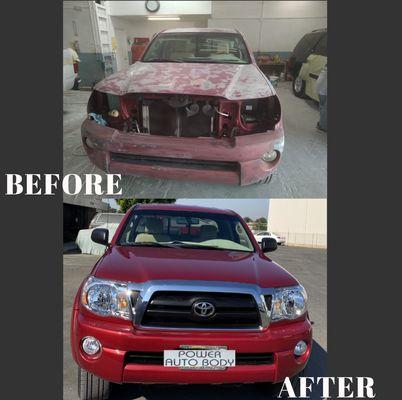 Before & after images of the front of a 2005 Toyota Tacoma that was painted completely.