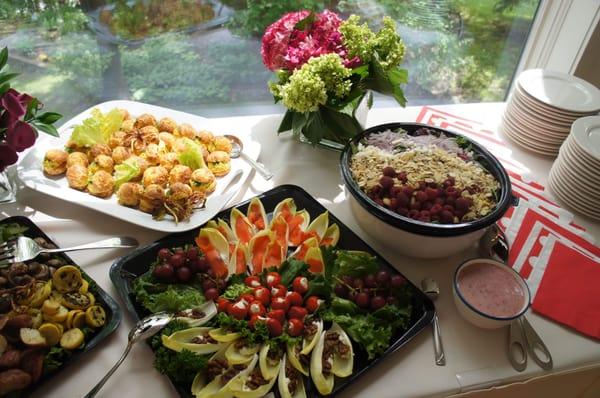 Curried chicken & gougeres tray, Belgian endive tray, Gourmet raspberry almond salad, all beautiful and delicious!