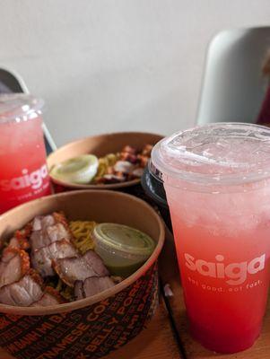 Garlic noodles with pork belly, strawberry lemonade