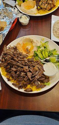 Beef shawarma, hummus and salad.