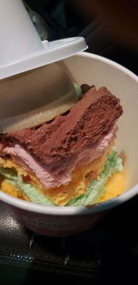 Rainbow Cone's ice cream flavor slices seen here, in a cup. You can get a waffle cone for $1.50 more