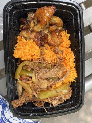 Shredded beef with yellow rice and plantains