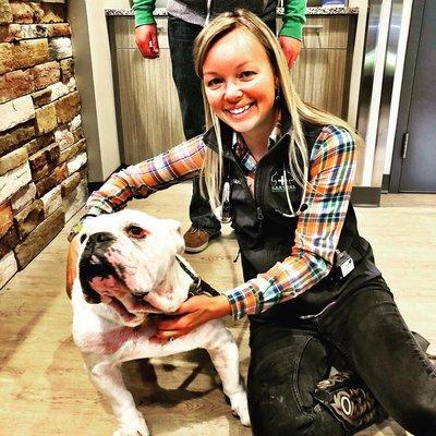 Bert the bulldog with Dr. Moreau