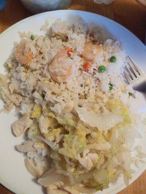 Shrimp fried rice and chicken chow main on white rice.