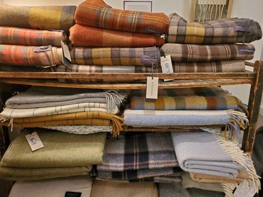 Tons of great blankets. Tartan Blanket Company recycled wool blankets. We got 3. More styles in store.