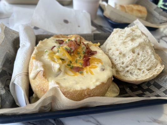 Loaded Baked Potato Soup in a bread bowl