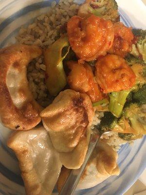 Shrimp& broccoli with spicy garlic sauce Brown rice And pork dumplings