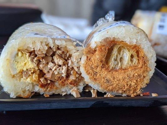 Spicy fan tuan (bean curd, egg, pork floss) and original (Chinese donut, pork floss, pickled veggies)