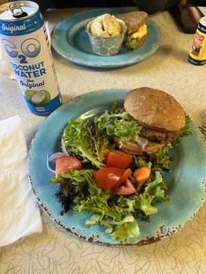 Lentil burger on whole wheat sprouted bun and side salad!!!